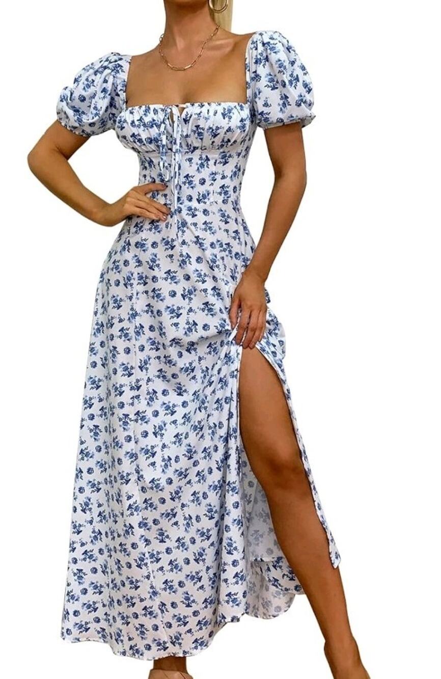 Puff Sleeve Off Shoulder Floral Flowy Long Maxi Dress